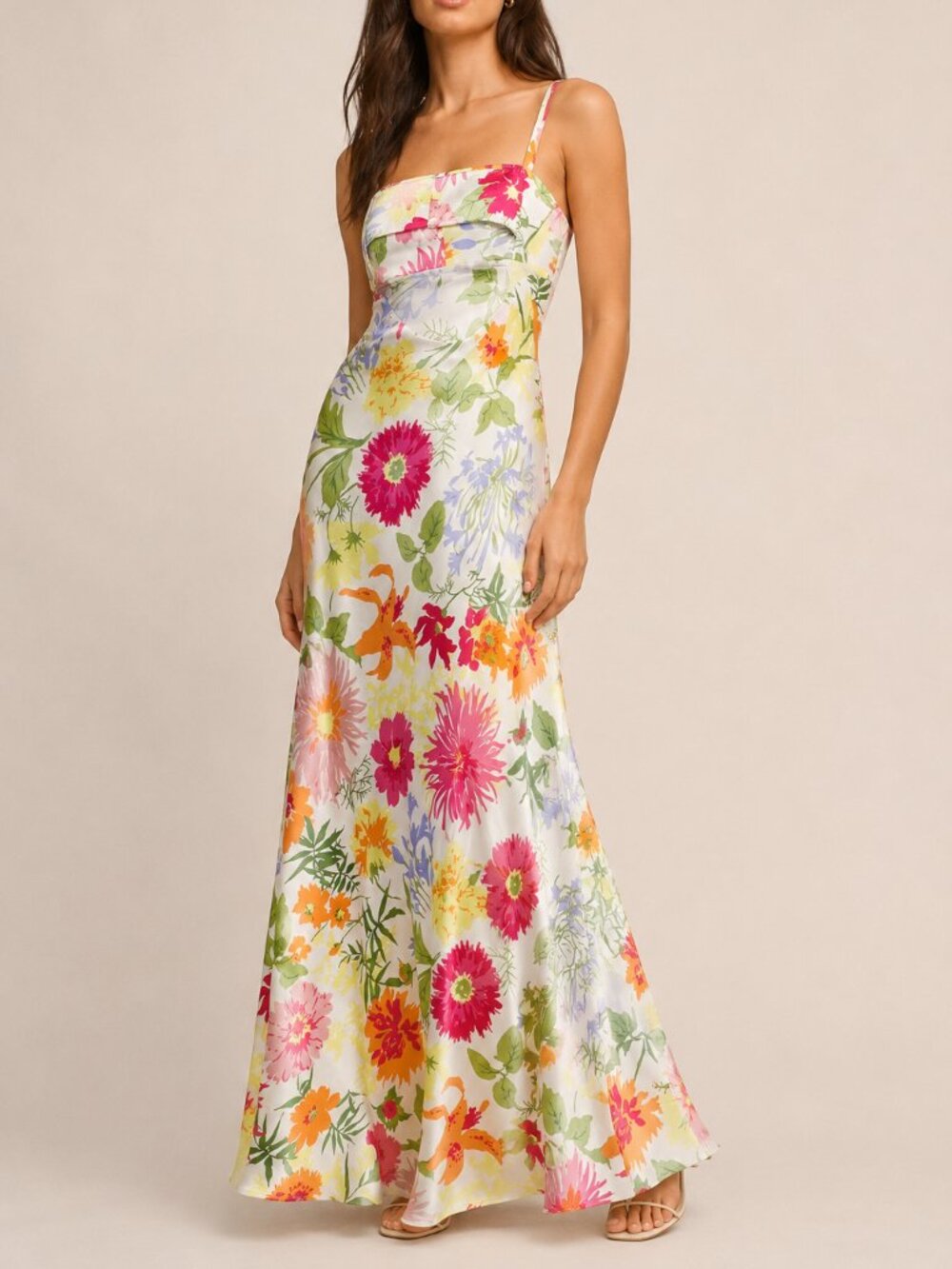 Reformation Floral Maxi Dress in White with Pink, Orange & Green